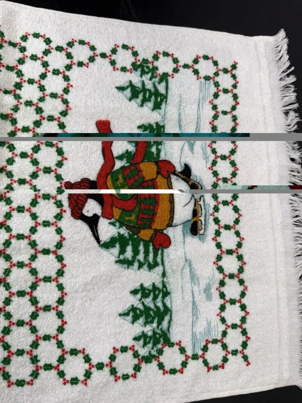 Vintage Kitchen Towel Christmas Ice Skating Penguin Cotton Dish Towel